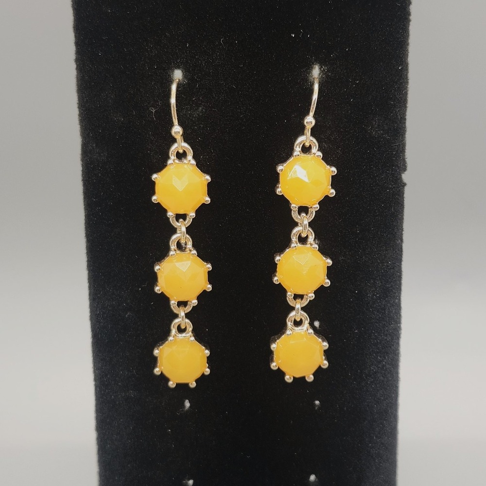 Yellow Faceted Stone Dangle Drop Earrings 2.5" Long Gold Tone Fashion
